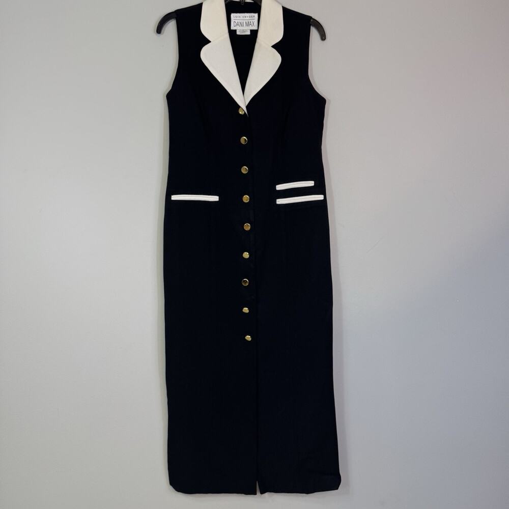 Vtg 90s Lois Snyder DANI MAX Tuxedo Dress 8 Black White Contrast Gold Button